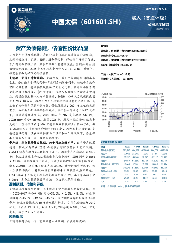 中国太保: 资产负债稳健，估值性价比凸显