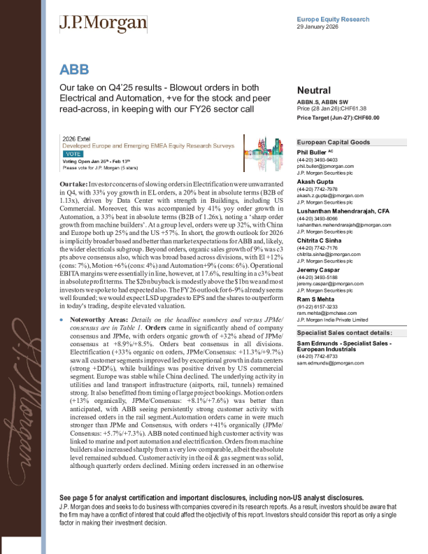 我们对2025年第四季度业绩的看法 - 电气和自动化领域订单井喷，对股票和同行均为利好，符合我们2026财年行业展望