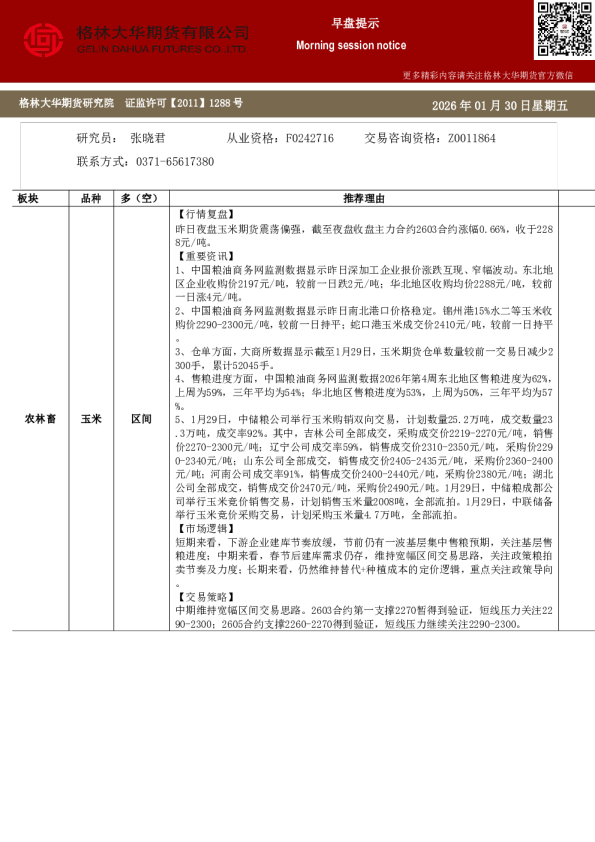 林大华期市早班车-玉米生猪鸡蛋（20260130）