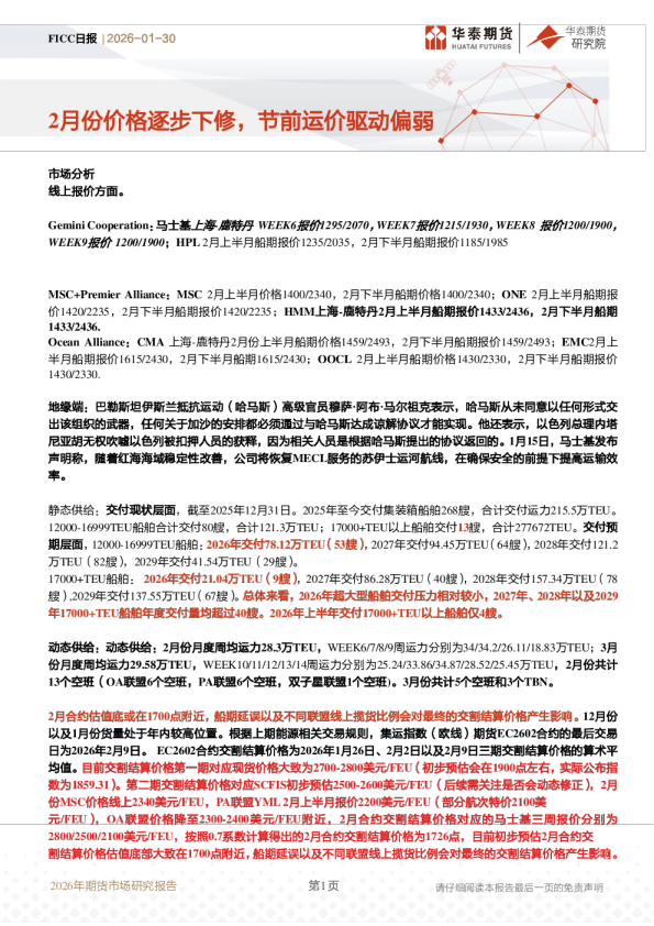 FICC日报：2月份价格逐步下修，节前运价驱动偏弱