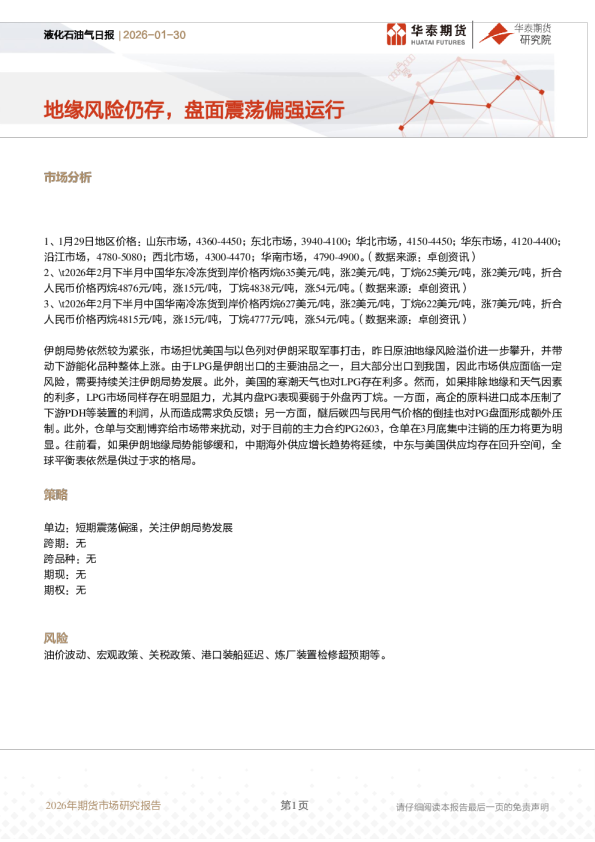 液化石油气日报：地缘风险仍存，盘面震荡偏强运行