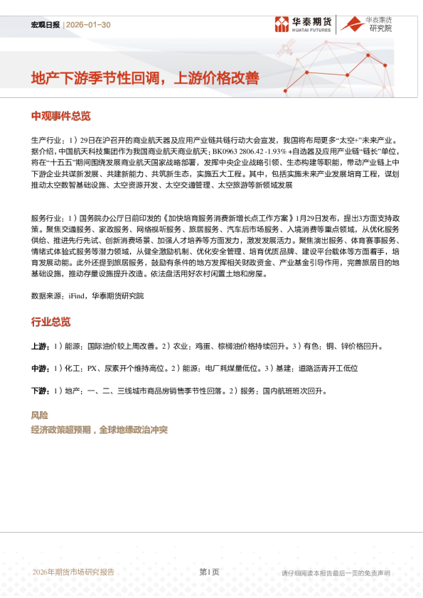 宏观日报：地产下游季节性回调，上游价格改善