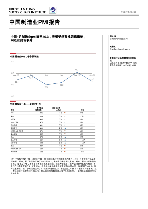 中国制造业PMI报告：中国1月制造业pmi降至49.3，表明受季节性因素影响，制造业出现收缩