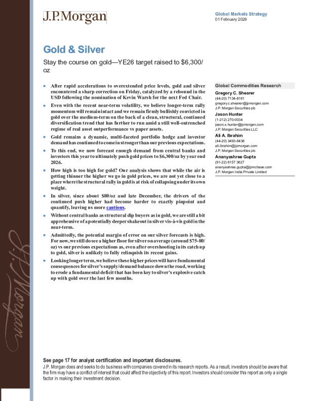 黄金投资维持原策略：2026年末目标价上调至 6300美元/盎司