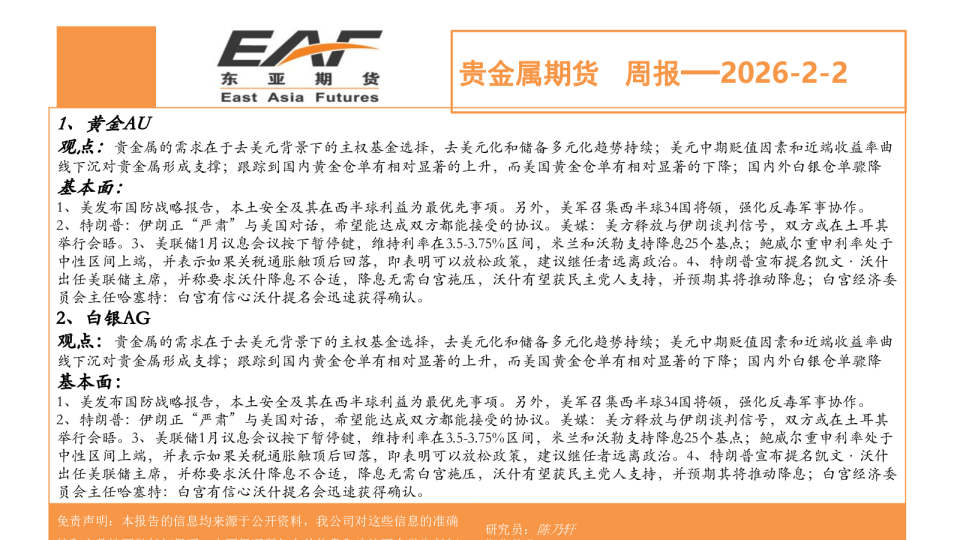 贵金属期货周报