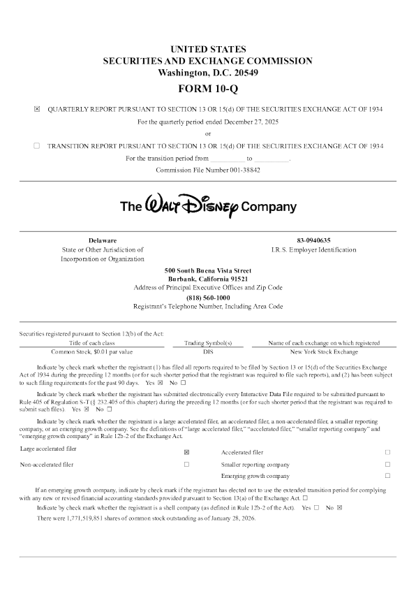 迪士尼 2026年季度报告