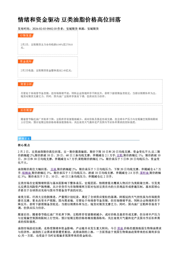 情绪和资金驱动 豆类油脂价格高位回落