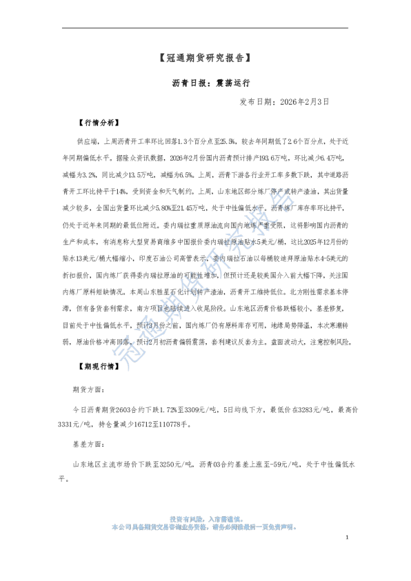 沥青日报：震荡运行