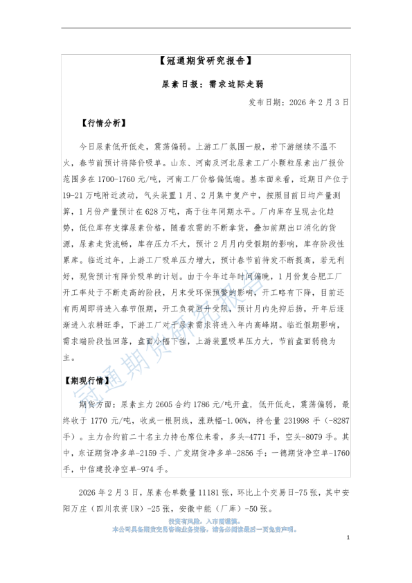 尿素日报：需求边际走弱