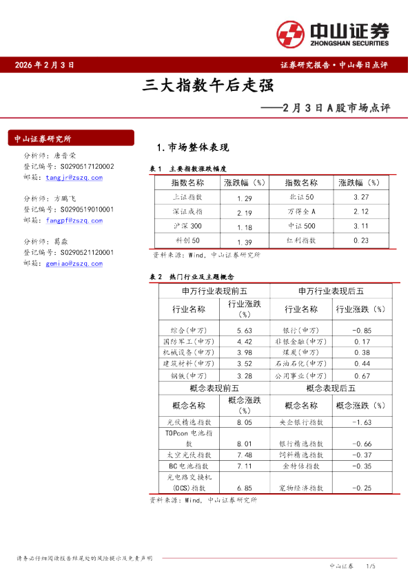 2月3日A股市场点评：三大指数午后走强