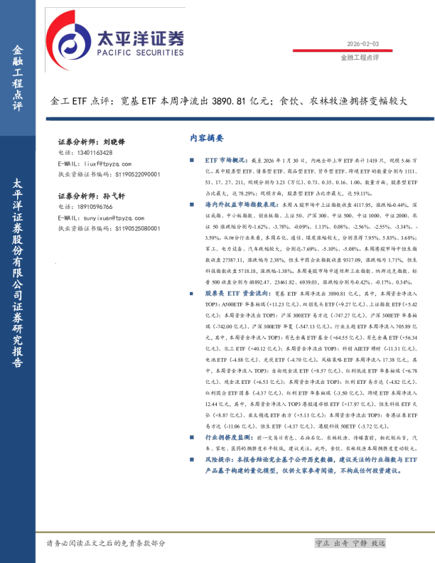 金工ETF点评：宽基ETF本周净流出3890.81亿元，食饮、农林牧渔拥挤变幅较大