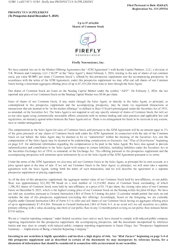 Firefly Neuroscience Inc 美股招股说明书（2026年2月3日版）