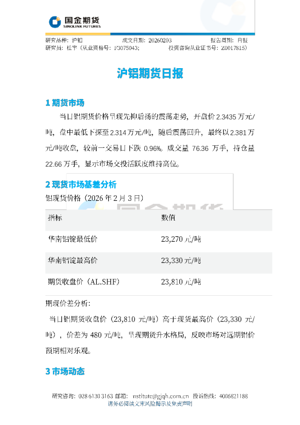 沪铝期货日报