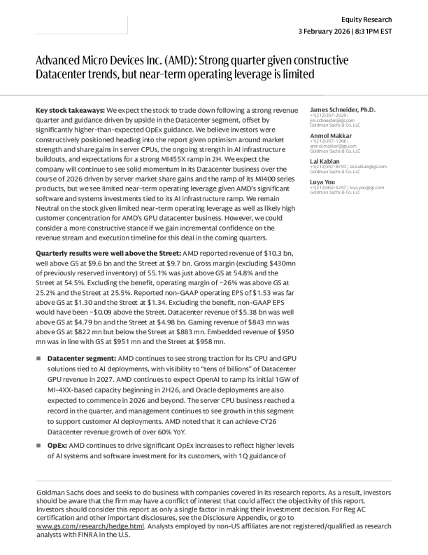 Advanced Micro Devices (AMD): Strong quarterly performance driven by positive data center trends, but limited short-term operational leverage