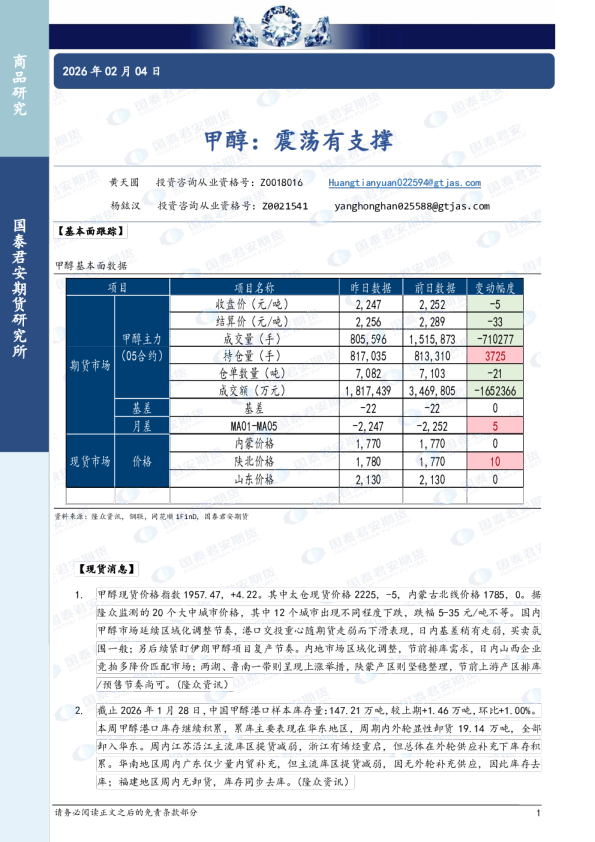 甲醇：震荡有支撑