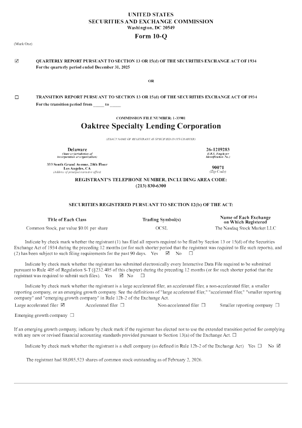 Oaktree Specialty Lending Corp 2026年季度报告
