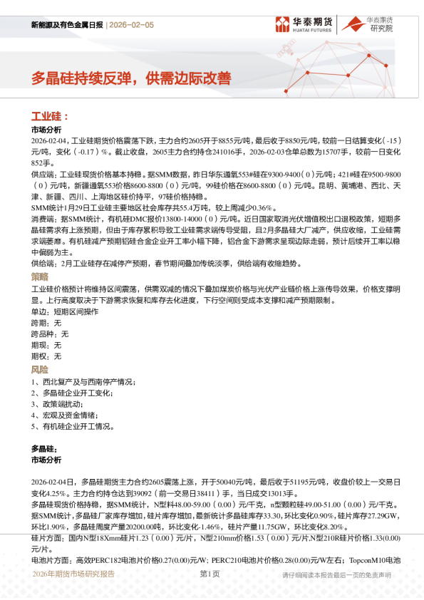 新能源及有色金属日报：多晶硅持续反弹，供需边际改善