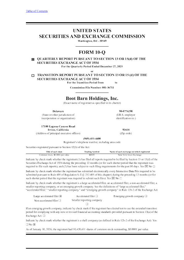 Boot Barn Holdings Inc 2026年季度报告