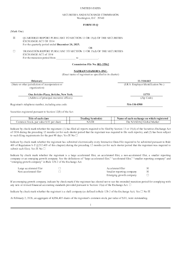 Nathan's Famous Inc 2026年季度报告
