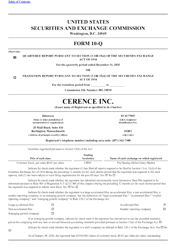 Cerence Inc. 2026年季度报告