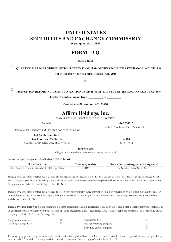 Affirm Holdings Inc-A 2026年季度报告