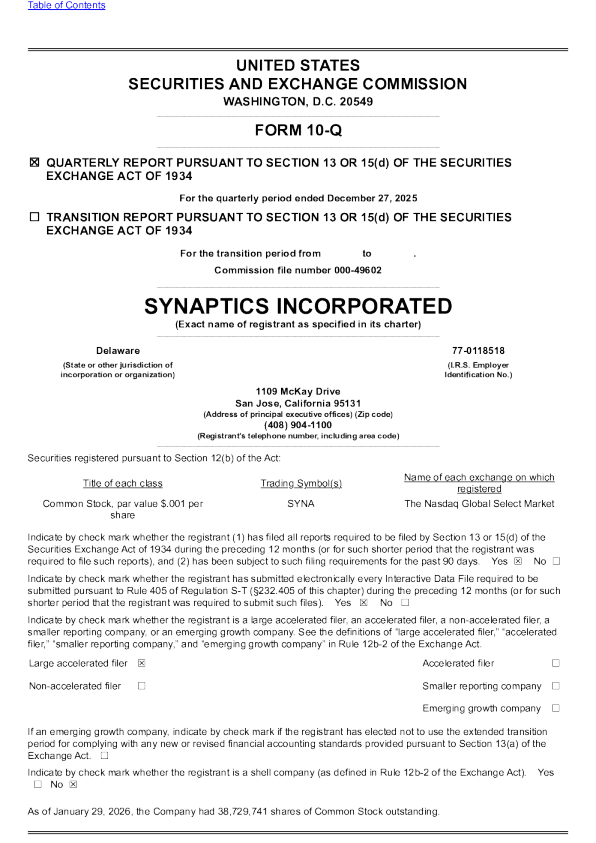Synaptics Inc 2026年季度报告