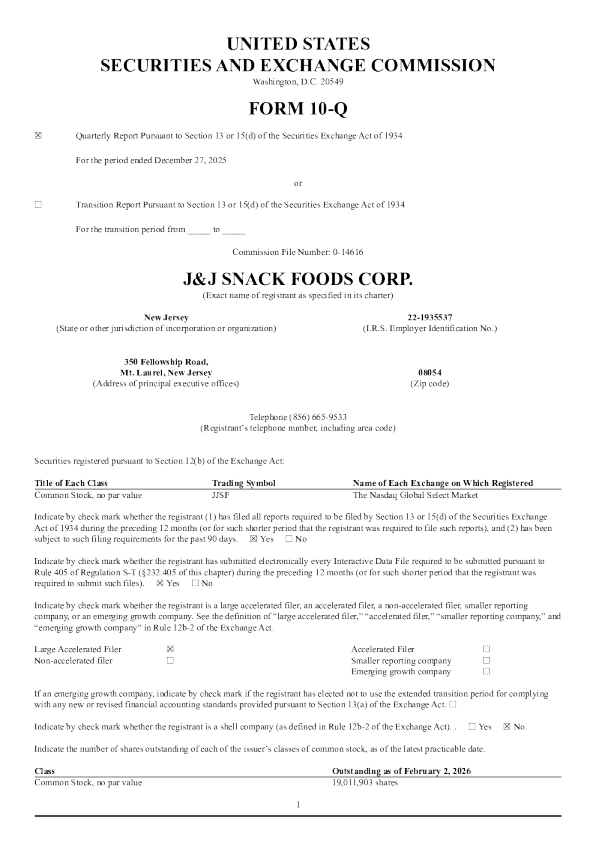 JJSF食品 2026年季度报告