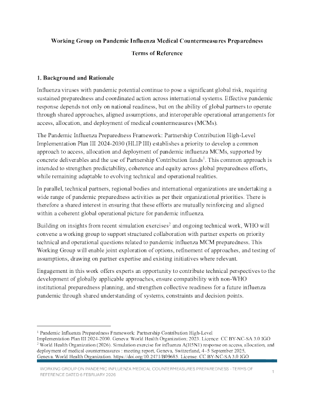 大流行性流感医疗对策准备工作组：职权范围