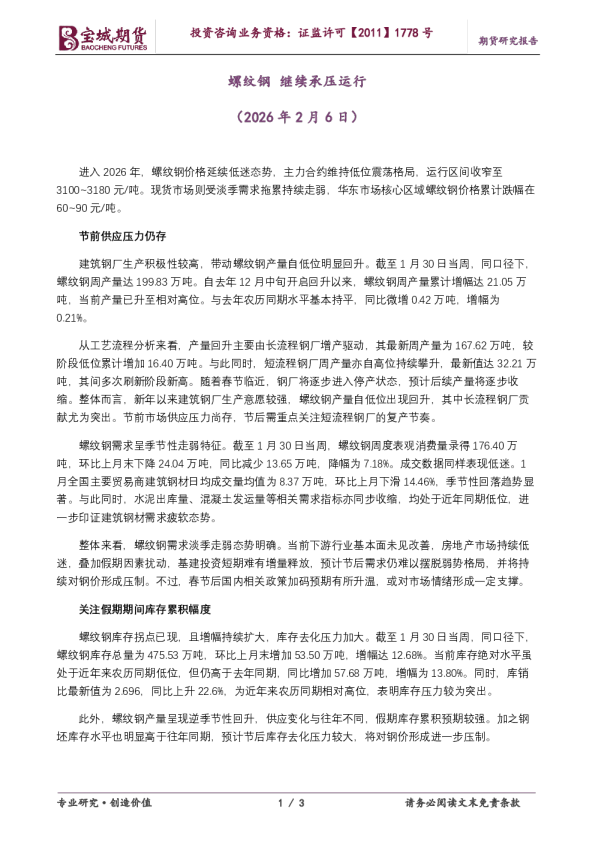 螺纹钢，继续承压运行