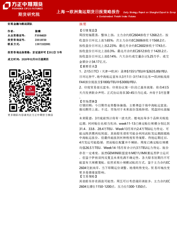 上海→欧洲集运期货日报策略报告