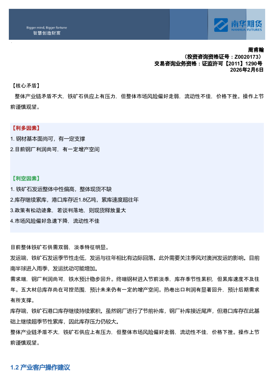 南华期货铁矿石周报：市场风险偏好急速下降20260206