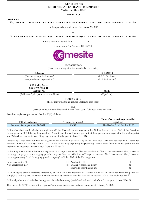 Amesite Inc. 2026年季度报告