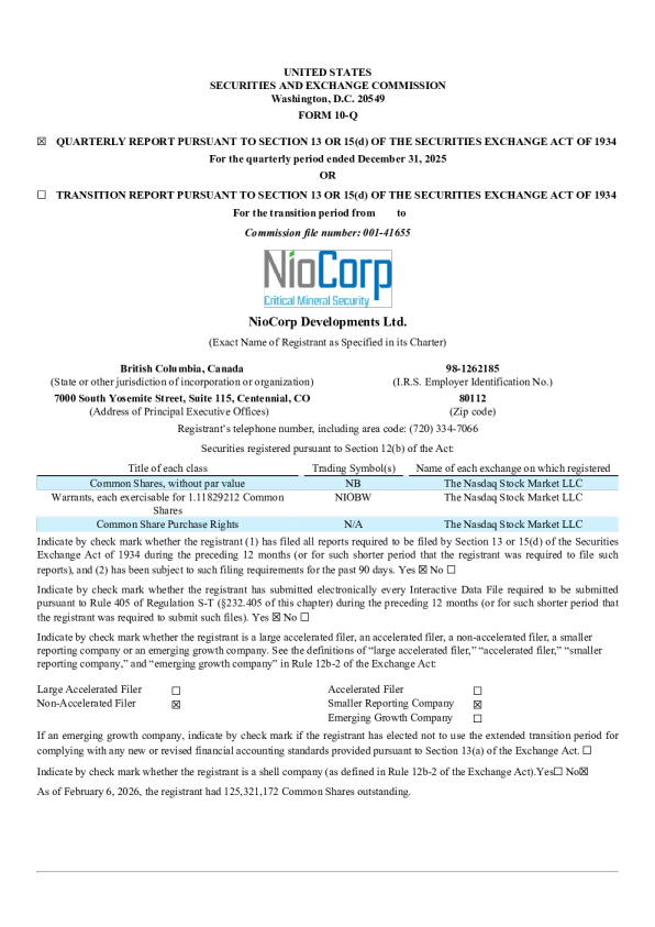 NioCorp Developments Ltd 2026年季度报告