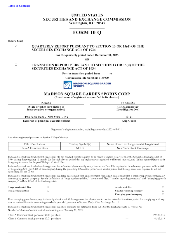 麦迪逊广场花园体育 2026年季度报告