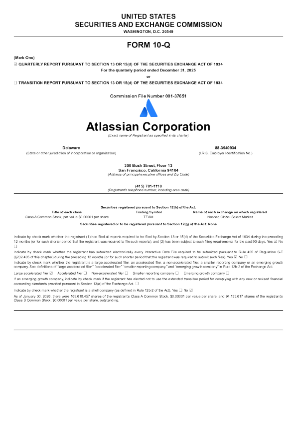 Atlassian Corp-A 2026年季度报告