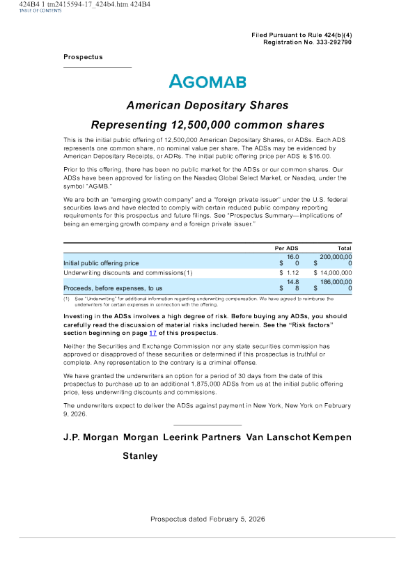 AgomAb Therapeutics NV ADR美股招股说明书(2026-02-06版)