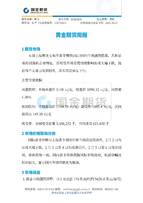 黄金期货周报