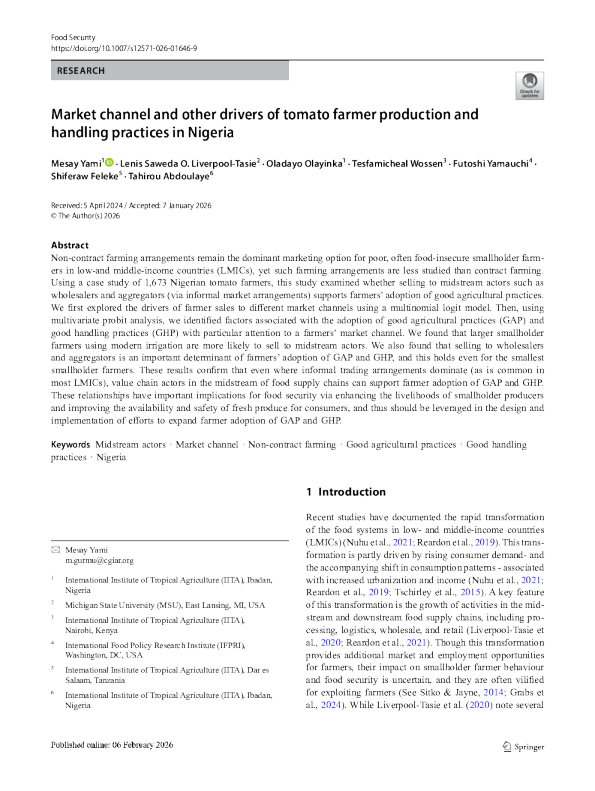 尼日利亚番茄种植者生产和处理实践的市场渠道和其他驱动因素