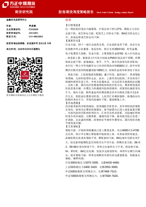 Stock Index Futures Strategy weekly Report：股指期货周度策略报告