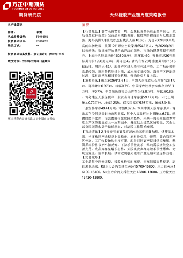 天然橡胶产业链周度策略报告