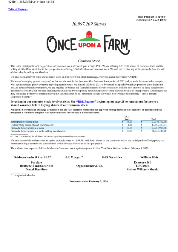Once Upon a Farm PBC美股招股说明书(2026-02-09版)