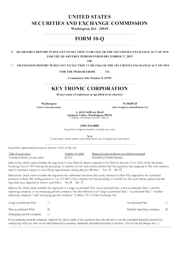 Key Tronic Corp 2026年季度报告