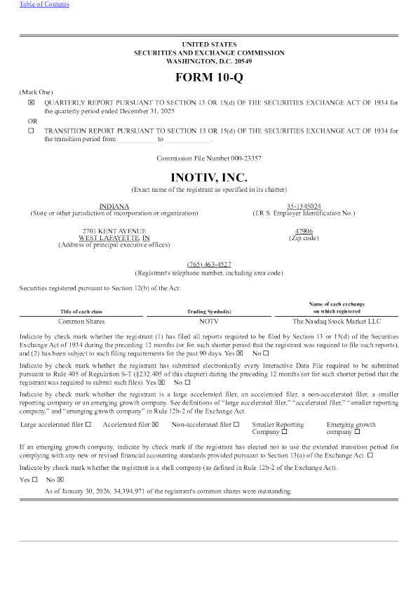 Inotiv Inc 2026年季度报告