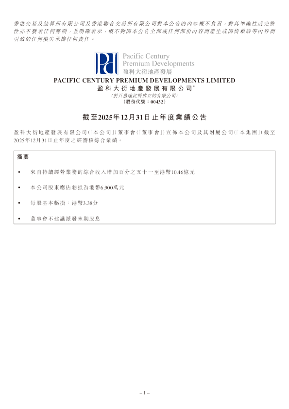 盈大地产：截至2025年12月31日止年度业绩公告