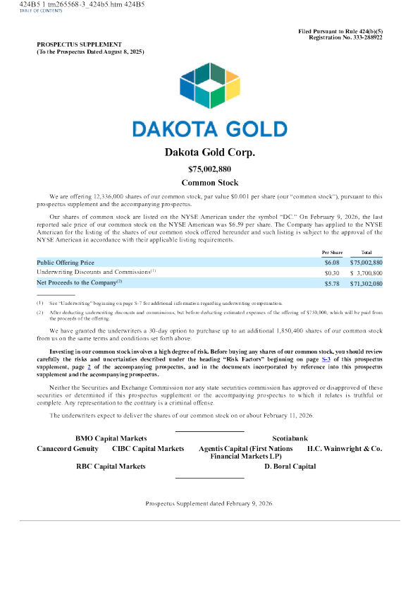 Dakota Gold Corp 美国股市招股说明书（2026年2月10日版）