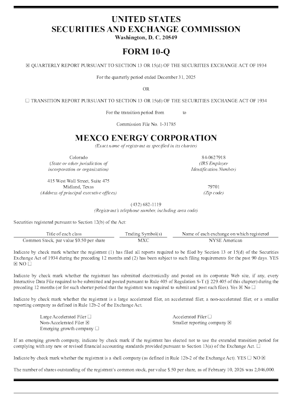 Mexco Energy Corp 2026年季度报告