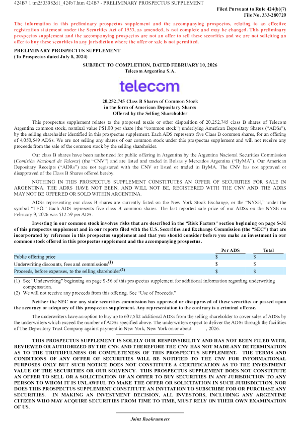 阿根廷电信美股招股说明书(2026-02-10版)