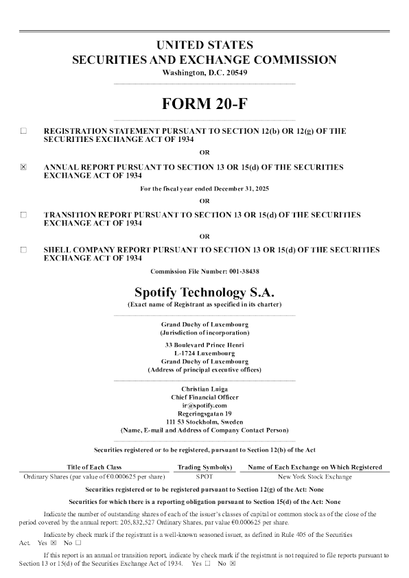 Spotify 2026年年度报告和过渡报告