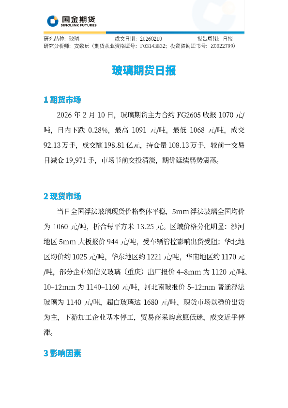 玻璃期货日报