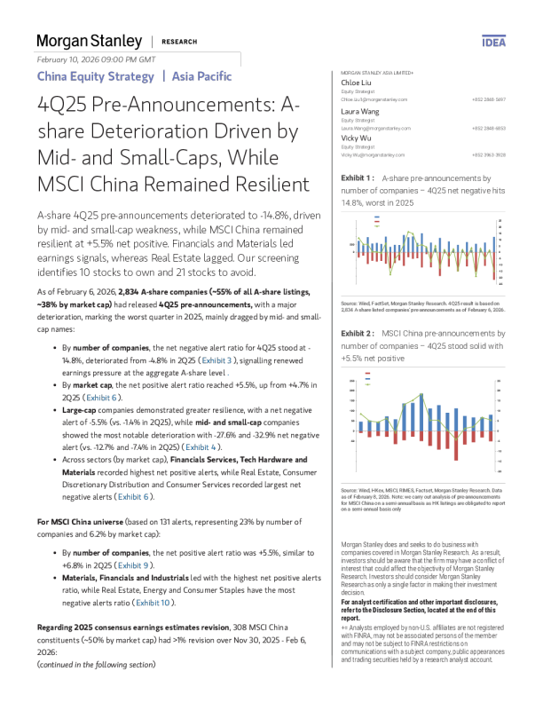 2025年第四季度业绩预告：A股由中小盘股拖累恶化，而MSCI中国保持韧性